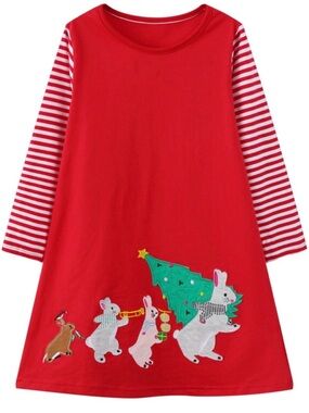 Mini Boden Red Holiday Applique Bunny Striped Sleeves Dress Sz 6-7